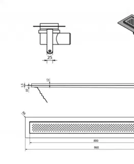 Sprchovacie kúty AQUALINE - KROKUS podlahový žľab  z nerezové oceli s roštom, L-860, DN50 2705-90