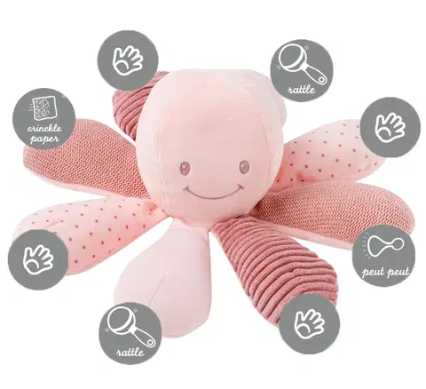 Plyšové hračky NATTOU - Hračka chobotnička edukačná 8 aktivít Lapidou pink