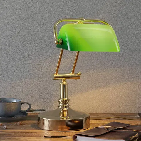 Stolové lampy na písací stôl Sea-Club Bankárska lampa Steve so zeleným skleneným tienidlom