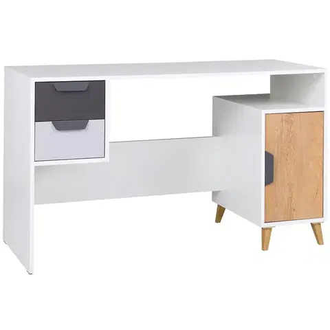 Moderné kancelárske stoly Písací stôl Joker 13 Biely/Grafit/Šedá/Dub Lefkas