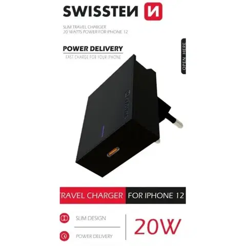 Nabíjačky pre mobilné telefóny Rýchlonabíjačka Swissten Power Delivery 20W s 1x USB-C pre iPhone 12, čierna 22050500