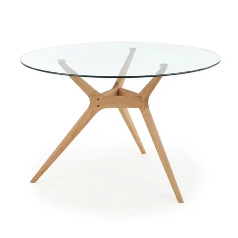 Jedálenské stoly HALMAR Ashmore okrúhly sklenený jedálenský stôl priehľadná / prírodná
