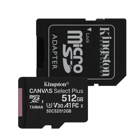Pamäťové karty Kingston Canvas SeIect Plus Micro SDXC 512 GB , SD adaptér, UHS-I A1, Class 10 - rýchlosť 100/85 MB/s
