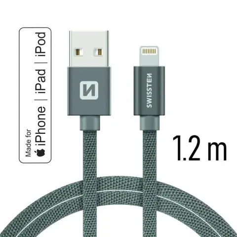 USB káble Dátový kábel Swissten textilný s certifikáciou MFI, Lightning konektorom a podporou rýchlonabíjania, sivý 71524202