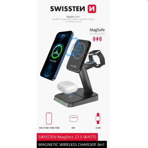 Nabíjačky pre mobilné telefóny Swissten MagStick bezdrôtová nabíjačka 3v1 22,5W, čierna 22055508