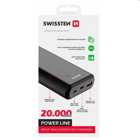 Powerbanky Swissten Power Line Powerbank 20 000 mAh 20W, PD, čierna 22013913