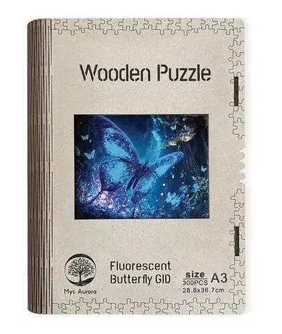 Limitovaná edícia Trigo Drevené puzzle Fluorescenčný motýľ A3 (svietiace v tme)