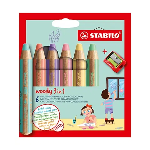 Hračky STABILO - Farbička, vodovka a voskovka - woody 3 v 1 - 6 ks balenie so strúhadlom