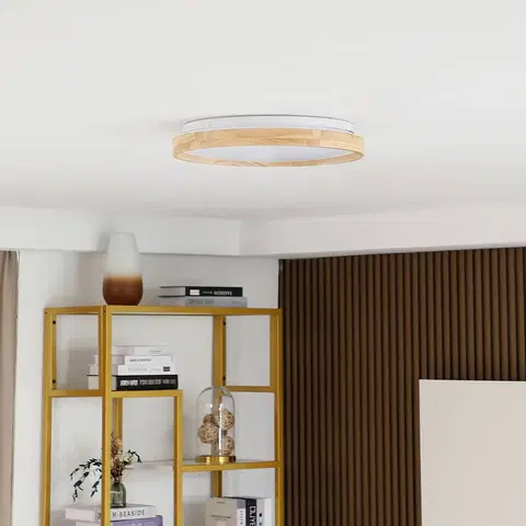 SmartHome stropné svietidlá Lindby Lindby Mirren LED svetlo drevo Ø 39,5 cm smart
