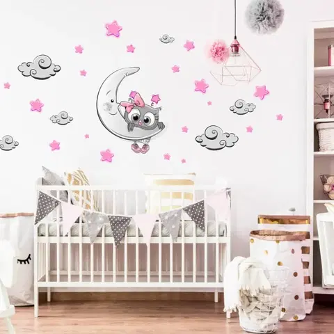 Nálepky na stenu Nálepka do detskej izby - Ružovo-sivá sovička