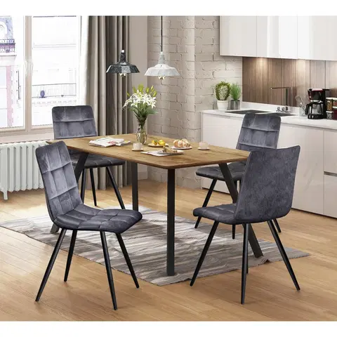 Jedálenské sety Jedálenský stôl BERGEN dub + 4 stoličky BERGEN sivý zamat