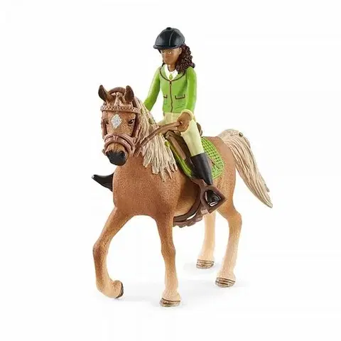 Drevené hračky Schleich 42542 Čiernovláska Sarah s pohyblivými kĺbmi na koni Mystery 