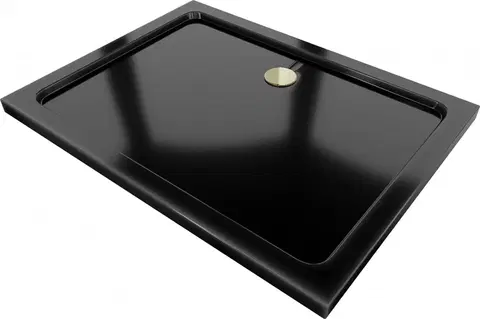 Vane MEXEN/S - Flat sprchová vanička obdĺžniková slim 80 x 70 cm, čierna + zlatý sifón 40707080G