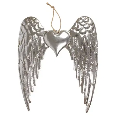 Vianočné dekorácie Krídla so srdiečkom, kovová dekorácia na zavesenie, farba strieborná