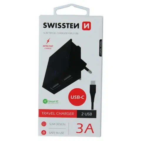 Nabíjačky pre mobilné telefóny Rýchlonabíjačka Swissten Smart IC 3.A s 2 USB konektormi + dátový kábel USB / USB-C 1,2 m, čierna 22044000