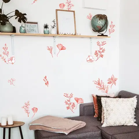 Nálepky na stenu Rastlinný motív, červené kvety a listy- nálepka na stenu