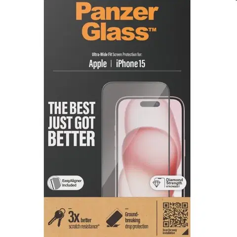Ochranné fólie pre mobilné telefóny Ochranné sklo PanzerGlass UWF s aplikátorom pre Apple iPhone 15, čierne 2809