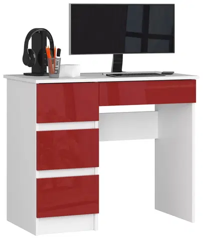 Písacie stoly Dizajnový písací stôl ZEUS90L, biely / červený lesk