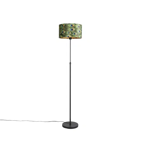 Stojace lampy Čierna stojaca lampa s velúrovým tienidlom páv so zlatom 35 cm - Parte