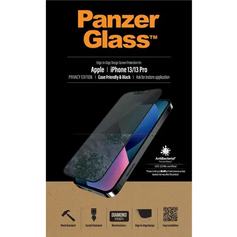 Tvrdené sklá pre mobilné telefóny Ochranné temperované sklo PanzerGlass Case Friendly AB s privátnym filtrom pre Apple iPhone 13/13 Pro, čierne PROP2745