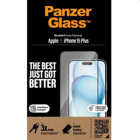 Ochranné fólie pre mobilné telefóny Ochranné sklo PanzerGlass UWF s aplikátorom pre Apple iPhone 15 Plus, čierne 2811
