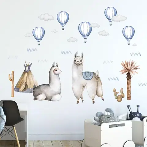 Nálepky na stenu Nálepky na stenu - Alpaky s modrými balónmi