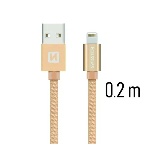 USB káble Dátový kábel Swissten textilný s Lightning konektorom a podporou rýchlonabíjania, zlatý 71523104