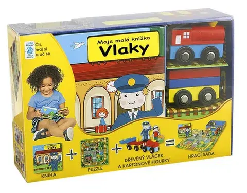 Leporelá, krabičky, puzzle knihy Vlaky Moje malá knížka BOX (Kniha + puzzle + vláček a figurky 4ks + hrací sada)