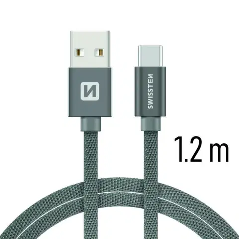 USB káble Dátový kábel Swissten textilný s USB-C konektorom a podporou rýchlonabíjania, sivý 71521202