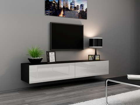 TV stolíky CAMA MEBLE Vigo 180 tv stolík na stenu čierna / biely lesk