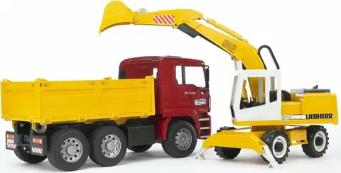Hračky - dopravné stroje a traktory BRUDER - 02751 -  NÁKLADNÝ MAN S BAGROM LIEBHERR