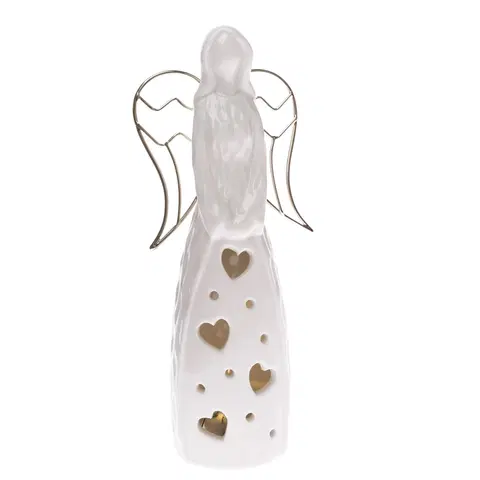 Svietniky Porcelánový svietnik na batérie Anjel so srdiečkami biela, 8 x 19,5 cm