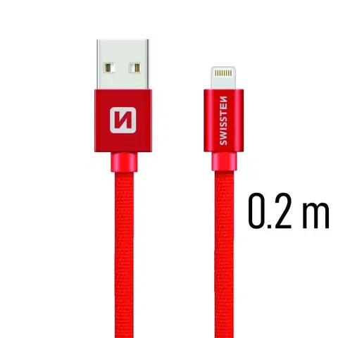 USB káble Dátový kábel Swissten textilný s Lightning konektorom a podporou rýchlonabíjania, červený 71523106