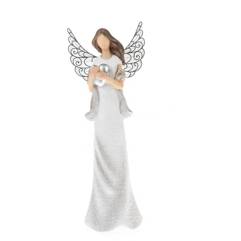 Vianočné dekorácie Polyresinový anjel so srdcom a kovovými krídlami  biela, 19 x 7 cm