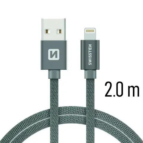 USB káble Dátový kábel Swissten textilný s Lightning konektorom a podporou rýchlonabíjania, sivý 71523302