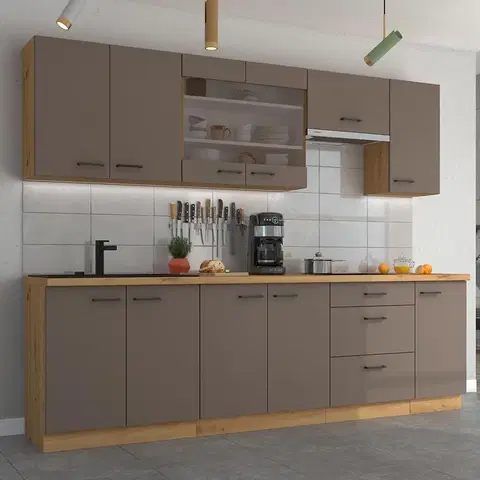 Modulový kuchynský nábytok Kuchynská linka Bolonia hľuzovka/artisan 260 cm s pracovnou doskou