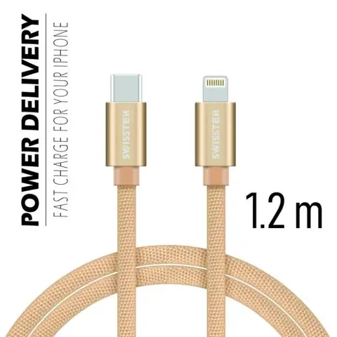 Dáta príslušenstvo Dátový kábel Swissten textilný s USB-C + Lightning konektormi a podporou rýchlonabíjania, Gold 71525204