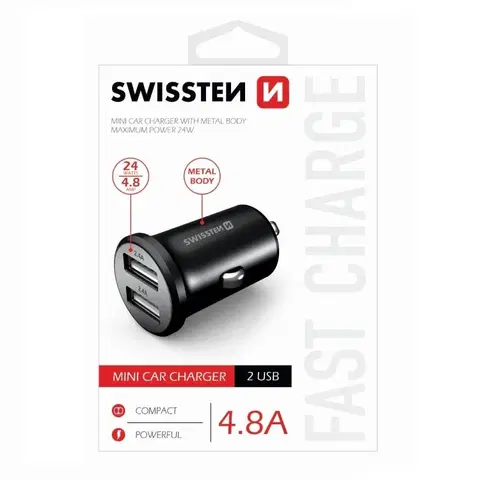 Nabíjačky pre mobilné telefóny Autonabíjačka Swissten kovová 4.8A s 2 USB slotmi, Black 20114000