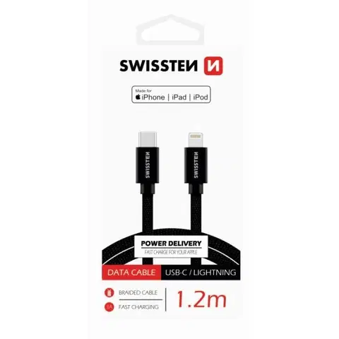 Dáta príslušenstvo Dátový kábel Swissten textilný USB-C / Lightning MFi 1,2 M a s podporou rýchlonabíjania, čierny 71526201