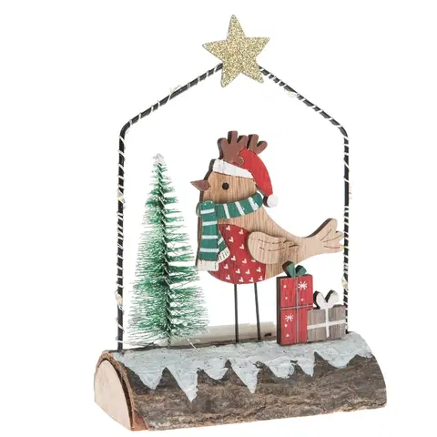 Vianočné dekorácie Drevená dekorácia s LED svetlom Vtáčik s darčekmiDrevená dekorácia s LED svetlom Vtáčik s darčekmi