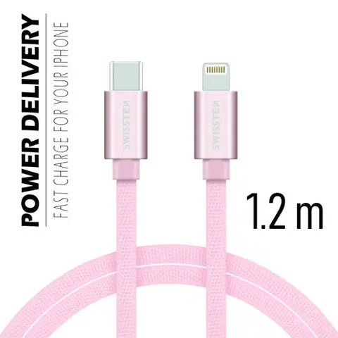 Dáta príslušenstvo Dátový kábel Swissten textilný s USB-C, Lightning konektormi a podporou rýchlonabíjania, ružovozlatý 71525205