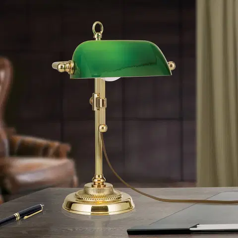 Stolové lampy Orion Bankárska lampa Harvard, mosadz/zelená výška 32 cm