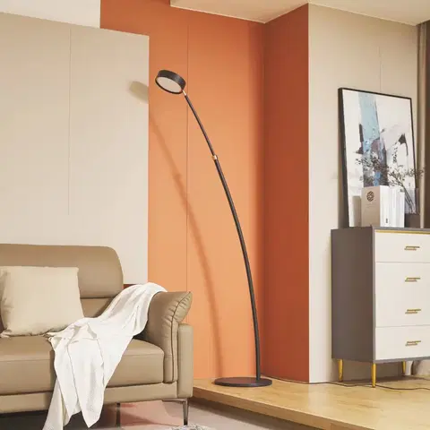Stojacie lampy do obývačky Lucande Lucande Boga LED oblúková stojacia lampa, pieskovo čierna, stmievateľná