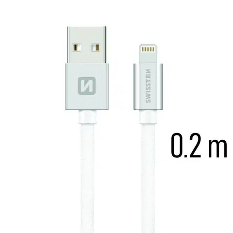 USB káble Dátový kábel Swissten textilný s Lightning konektorom a podporou rýchlonabíjania, strieborný 71523103