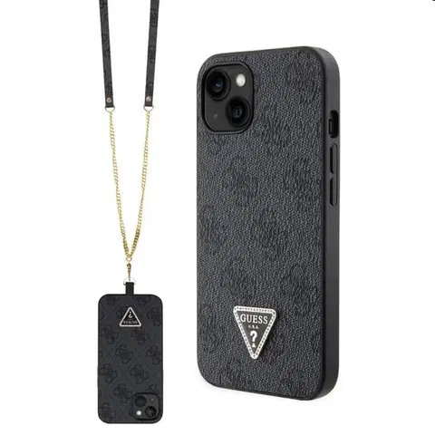 Puzdrá na mobilné telefóny Puzdro Guess PU 4G Strass Triangle Metal Logo + Crossbody popruh pre iPhone 15. black 57983116654