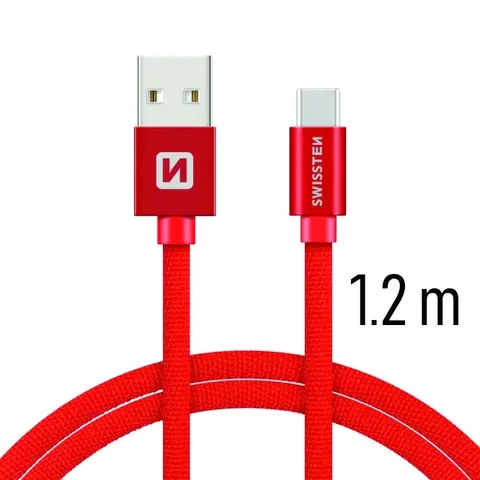USB káble Dátový kábel Swissten textilný s USB-C konektorom a podporou rýchlonabíjania, červený 71521206