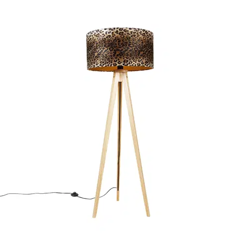 Stojace lampy Moderná stojanová lampa z dreveného textilného leopardieho tienidla 50 cm - Tripod Classic