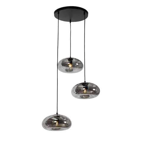 Zavesne lampy Art Deco závesné svietidlo čierne s dymovým sklom okrúhle 3-svetlo - Ayesha
