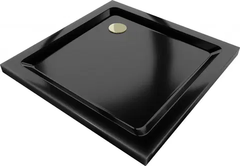 Vane MEXEN/S - Flat sprchová vanička štvorcová slim 70 x 70 cm, čierna + zlatý sifón 40707070G