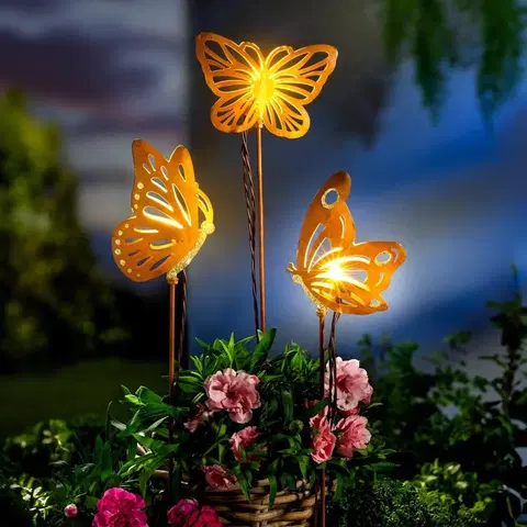 Vonkajšie osvetlenie LED záhradné zápichy Zlatí motýle, súprava 3 ks